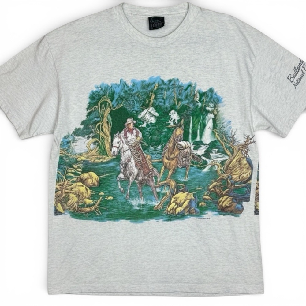 Vintage Habitat Badlands Cowboy All Over Print Wrap Shirt USA Made XL